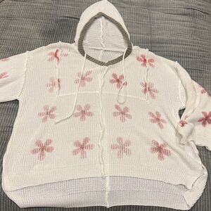 White Hooded Sweater with Pink Floral Pattern